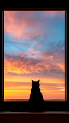 Cat Silhouette on Windowsill. Feline Outline, Cozy Home, Pet Serenity.