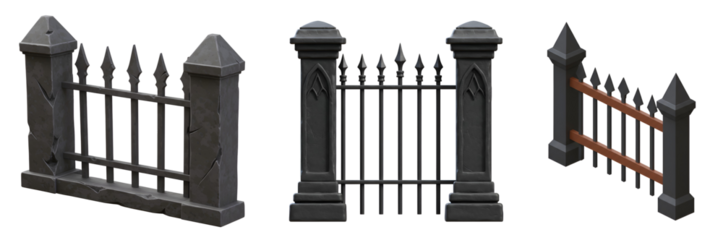 Ornate stone and metal fence sections with spiked tops, perfect for gothic or historical scenes with transparent background