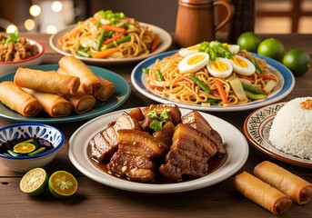 Delicious filipino feast featuring pancit palabok pork adobo and lumpia shanghai on a wooden table