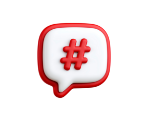 Red hashtag symbol in speech bubble icon - social media and communication concept on transparent background, PNG