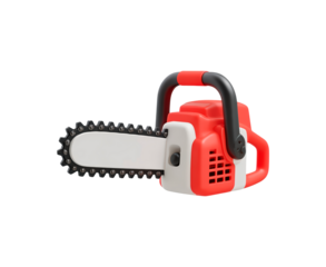 3d render of a stylized chainsaw with red and black design on transparent background, PNG