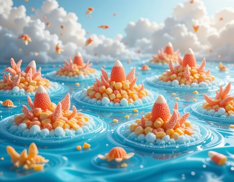 Whimsical candy islands float on a bright blue ocean under a cloudy sky, creating a sweet and surreal dreamscape. - Powered by Adobe