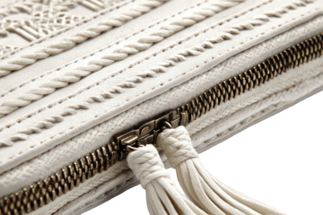 Closeup Detail Of Cream Leather Wallet With Braided Trim And Tassels