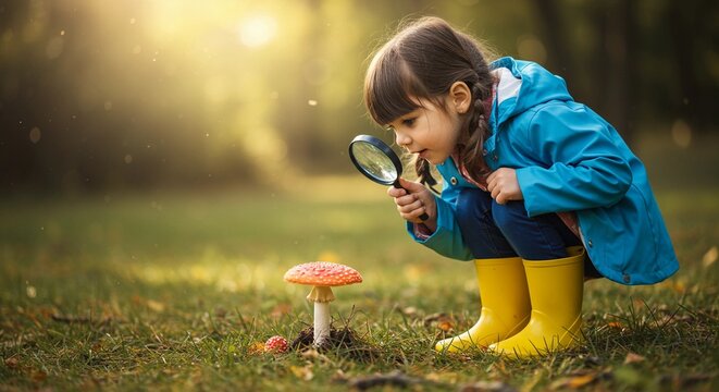 A young girl discovers a mushroom in a sunny forest setting.