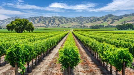 Fototapeta premium vineyard. Serene vineyard landscape with orderly grapevine rows under natural sunlight, evoking tranquility and growth. travel magazines.