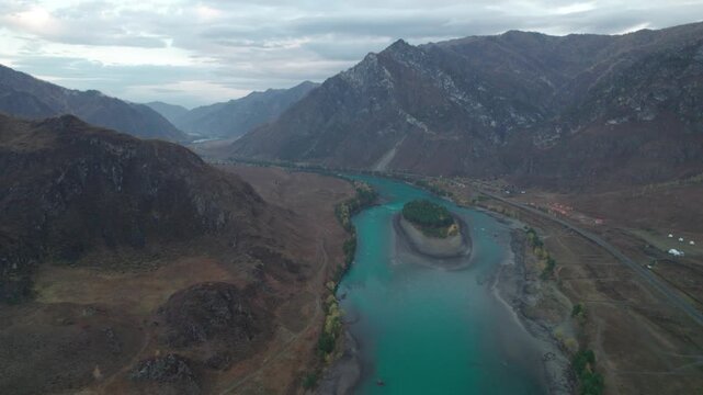 Drone view of autumn Altai mountains and Katun river 