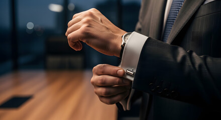 A sharp-dressed businessman meticulously adjusting his cufflinks, embodying preparation and professional elegance in a modern office