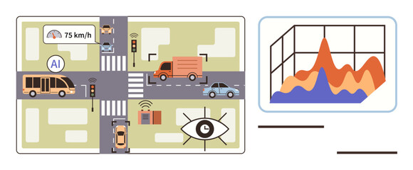 Smart cars, traffic lights, AI sensors, real-time speed analytics, and data graphs highlight intelligent transport systems. Ideal for urban planning, AI, safety, monitoring big data logistics