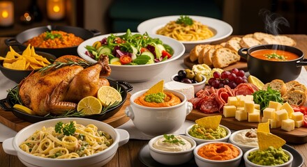 Obraz premium Festive spread featuring roast chicken pasta salad and various appetizers and dips