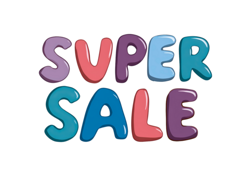 Colorful super sale banner with vibrant bubble letters on transparent background, PNG - Powered by Adobe
