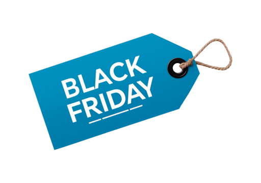 Blue black friday tag with rope for retail sale promotion on transparent background, PNG