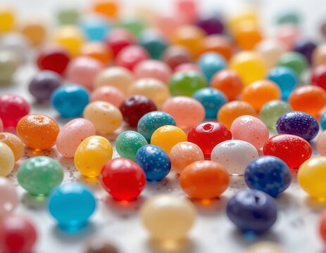 Assortment of colorful sweet jelly beans scattered on a light surface, close-up, vibrant and playful.
