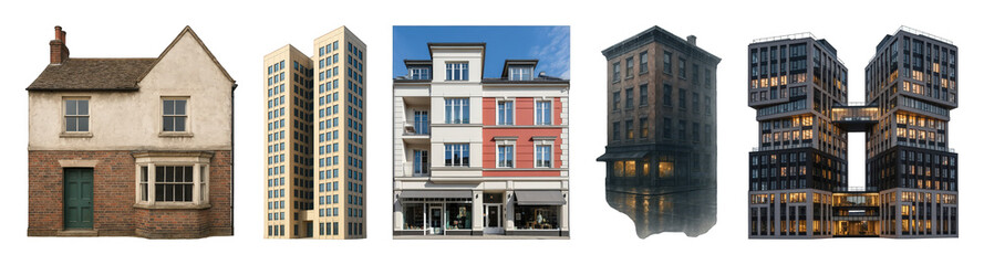 Obraz premium Architectural building set including historical house, modern high-rises, and urban structures isolated. Cityscape and real estate elements.