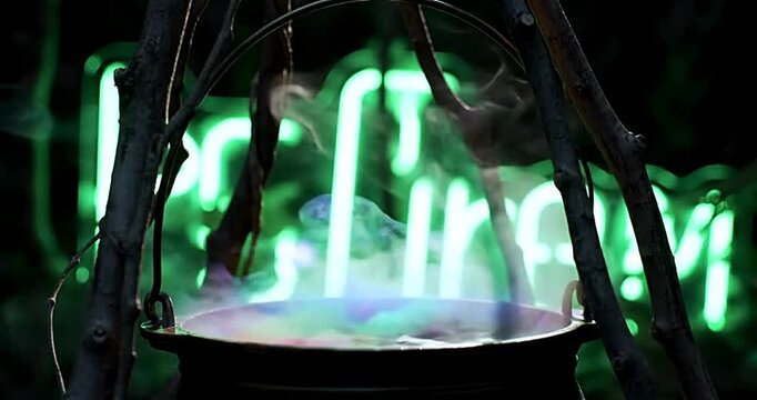 Witch's cauldron bubbling with potion under neon sign in a spooky Halloween scene