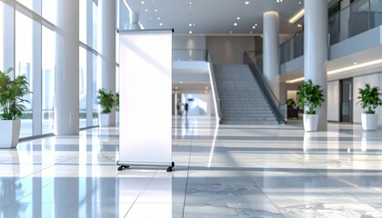 Obraz premium Modern Office Lobby with Blank Roll-Up Banner Stand for Advertisement
