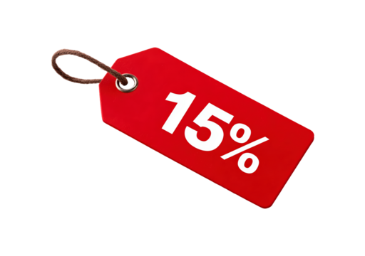 Red sale tag with 15 percent discount on transparent background, PNG