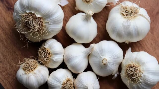 Close-up of many whole garlic bulbs on a wooden surface