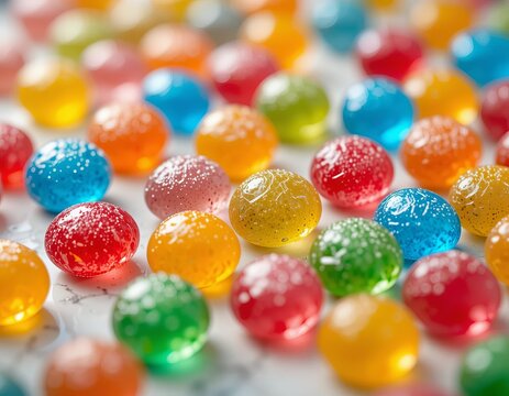 Vibrant and colorful round candies scattered on a bright surface, evoking a sense of playful sweetness. - Powered by Adobe