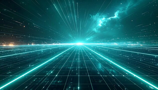 A futuristic cityscape unfolds across a gridded digital highway, illuminated by vibrant teal light beams, extending into a vast and luminous night sky.