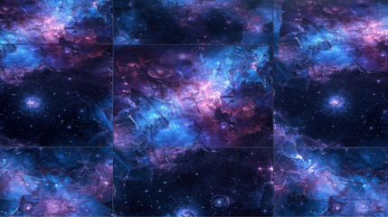 Abstract Cosmic Nebula: Fractured Galaxy Tiles, Deep Blue and Purple Hues, Mystical Space Art