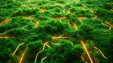 Luminous Pathways: Abstract Green Moss and Golden Circuitry, Nature Technology Synergy, Eco-Friendly Design Concept