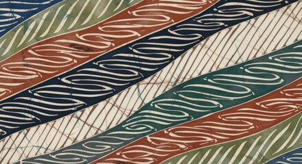 A close-up view of a batik fabric with wavy lines in various colors, including blue, green, and brown, set against a cream background.