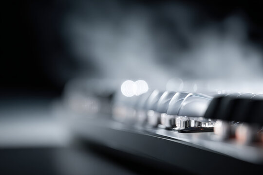 futuristic keyboard immersed in ultrabright light with floating ai autocorrect symbols and words
