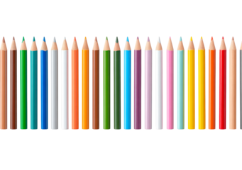 Row of colorful sharpened pencils arranged in vibrant order on transparent background, PNG