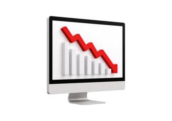 Computer display showing red downward trend graph with decreasing bars and arrow on transparent background, PNG