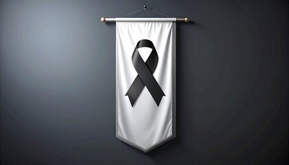 Solemn tribute and condolence concept featuring a black awareness ribbon on a white mourning banner against a dark background
