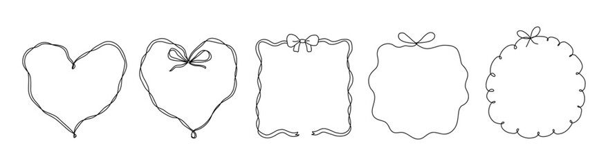 Set of elegant whimsical hand drawn frames with wavy squiggle curly ribbon and bow in trendy, vintage retro styles. Perfect for wedding, birthday or party invitations or greeting card decor