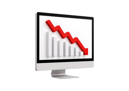 Computer display showing red downward trend graph with decreasing bars and arrow on transparent background, PNG