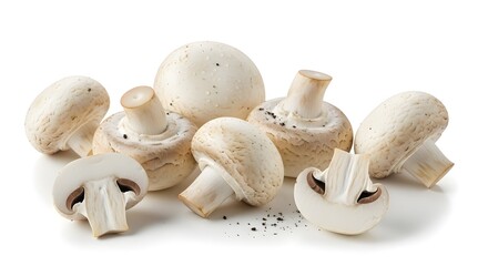 Isolated group of fresh champignon mushrooms on a white surface in a studio setting photo shoot