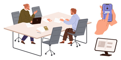 Two colleagues discuss work at a shared desk with documents and laptops. Showcasing secure device access via smartphone interface. Ideal for teamwork, data security, office productivity, remote work