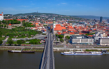 Aerial panorama of the Slovakian capital city of Bratislava overlooking the River Danube