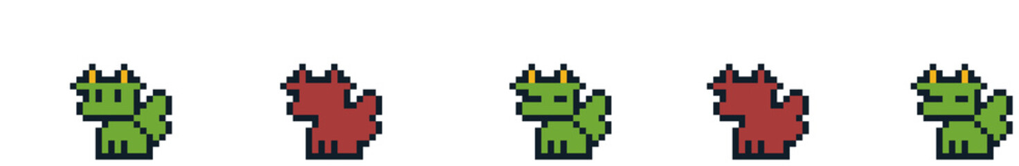 8-bit pixel art cute mini green dragon character sleepy sprite image. Game asset for rpg game developers. Monster basic actions and status effect