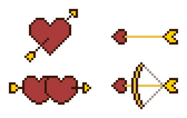 Fototapeta premium 8-bit pixel art Cupid red heart and arrow set with romantic theme