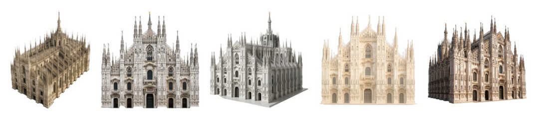 Naklejka premium Duomo di Milano set including frontal, side, and isometric views isolated. Historic Italian Gothic cathedral landmark.