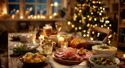 Fototapeta premium Warm festive christmas dinner table with food for holiday celebration