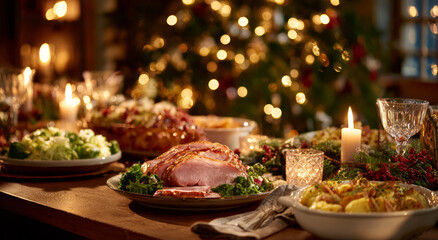 Festive christmas dinner table with delicious holiday food for warm feast