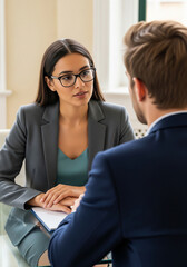Fototapeta premium Female Hispanic business consultant listening attentively in an interview with a candidate