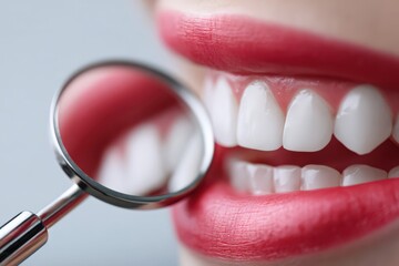 Close up of dental mirror reflecting healthy teeth in clinic Generative AI
