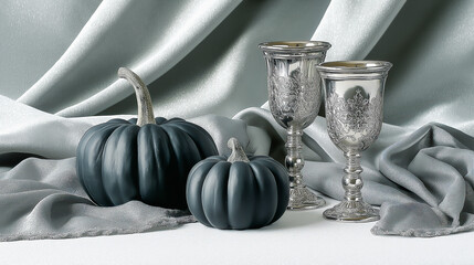 Gothic luxury staged in silver -black pumpkins beside ornate goblets on shimmering fabric turn Halloween into a ritual of elegance and dark celebration.