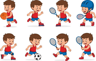 PrintCartoon boy playing various sports like tennis, soccer, skating, and basketball in action poses wearing red and blue sportswear.