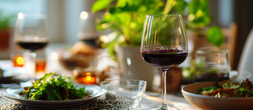 Romantic dinner with red wine glass on dining table with candlelight