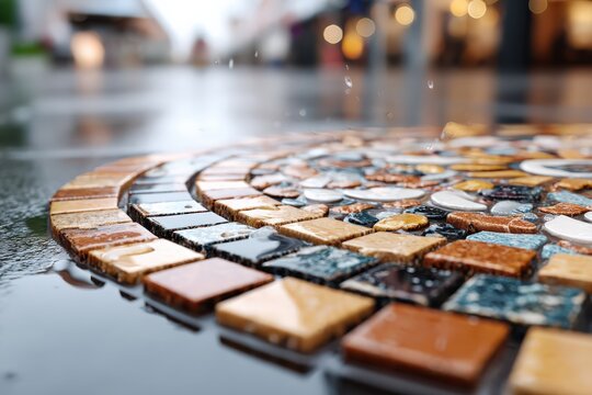 Mosaic tile floor glistening in natural light after rain shower Generative AI