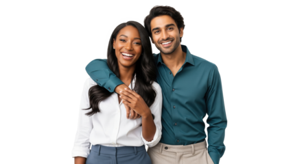 Happy couple isolated, the image portrays an indian man smiling with his over a happy african american lady's shoulder