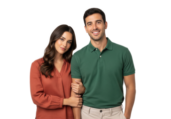 Hispanic couple isolated, the lady is holding onto the man's arm