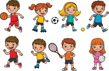 PrintCartoon Kids Playing Various Outdoor Sports Activities – Basketball, Soccer, Tennis, Skating, Volleyball – Fun Vector Illustration for Education