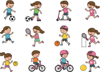 PrintCollection of Happy Kids Playing Sports, Biking, Running, Roller Skating, and Having Fun with Balls and Rackets Outdoors